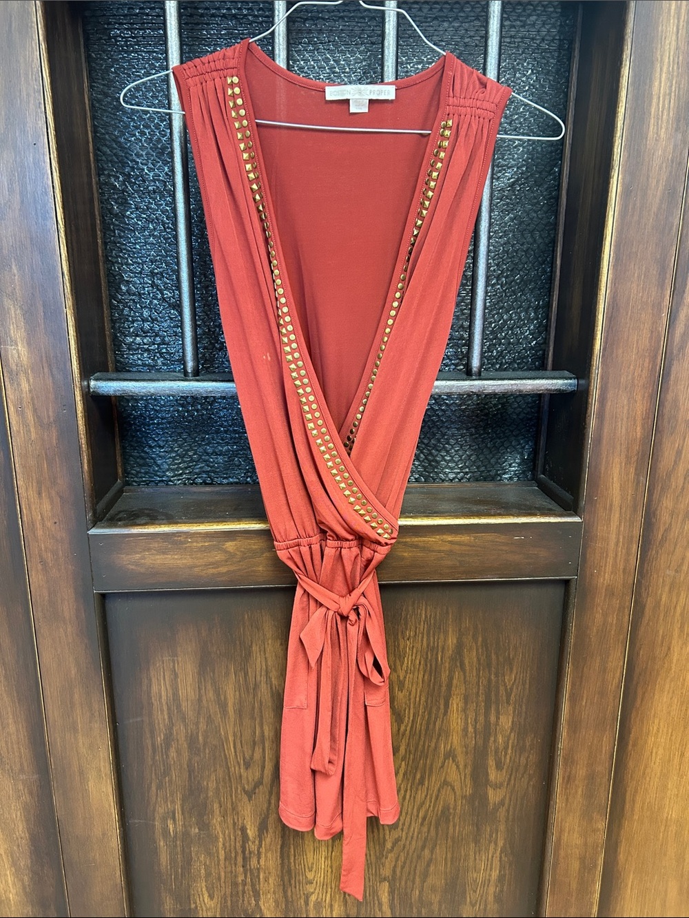 Boston Proper Rust-Red Tie-Front romper with Gold Stud Trim, tie waist , pockets
